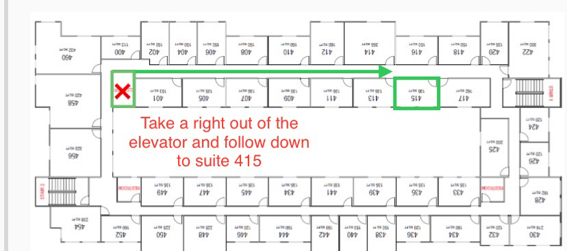 Floor plan with a green arrow guiding from elevator exit to suite 415, which is marked with a red X.